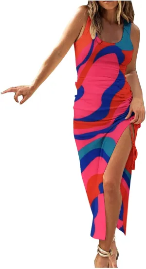 Summer Dresses for Women 2024 Maxi Comfy Sexy Slim Fit Ribbed Tank Top Long Dresses Split Hem Drawstring Dresses