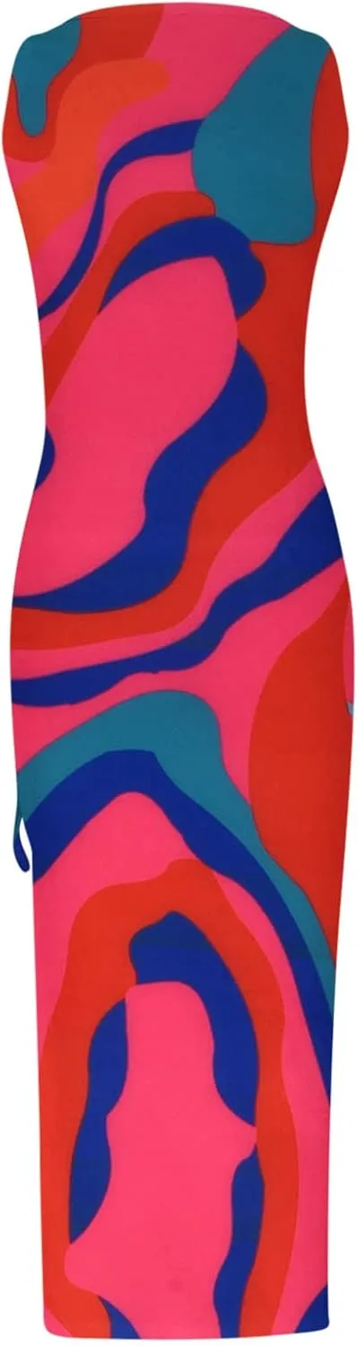 Summer Dresses for Women 2024 Maxi Comfy Sexy Slim Fit Ribbed Tank Top Long Dresses Split Hem Drawstring Dresses