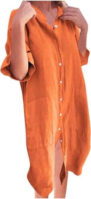 Summer Dresses for Women 2024 Plus Size Button Down Short Sleeve t Shirt Dresses Solid Midi Dresses with Pockets