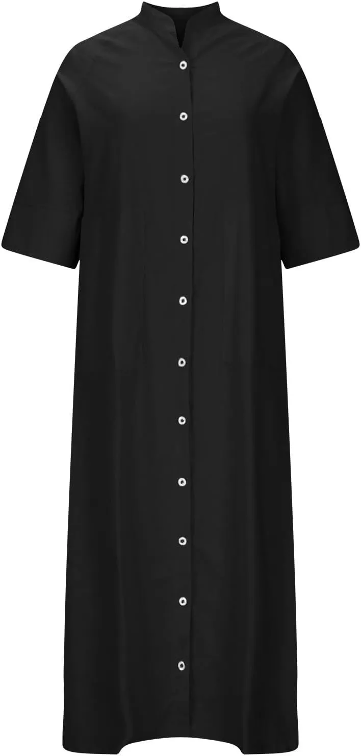 Summer Dresses for Women 2024 Plus Size Button Down Short Sleeve t Shirt Dresses Solid Midi Dresses with Pockets