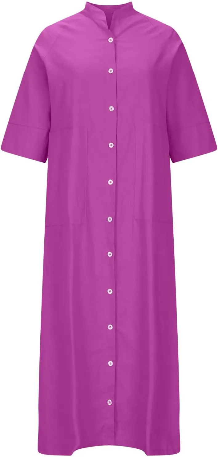 Summer Dresses for Women 2024 Plus Size Button Down Short Sleeve t Shirt Dresses Solid Midi Dresses with Pockets