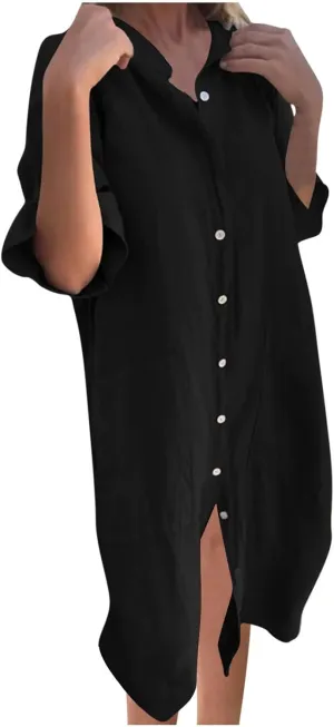 Summer Dresses for Women 2024 Plus Size Button Down Short Sleeve t Shirt Dresses Solid Midi Dresses with Pockets