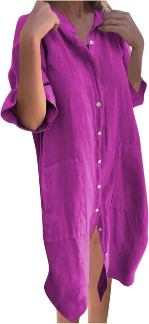 Summer Dresses for Women 2024 Plus Size Button Down Short Sleeve t Shirt Dresses Solid Midi Dresses with Pockets
