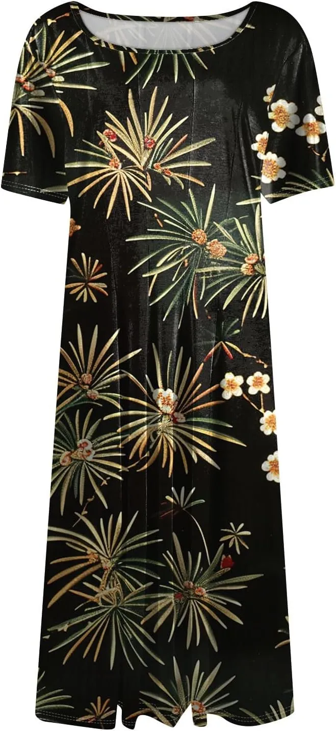 Summer Dresses for Women 2025 Flowy Midi Dresses Aline Beach Tshirt Dress Floral Short Sleeve Dress with Pockets