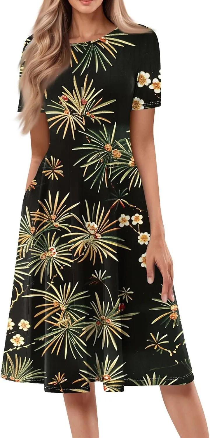 Summer Dresses for Women 2025 Flowy Midi Dresses Aline Beach Tshirt Dress Floral Short Sleeve Dress with Pockets