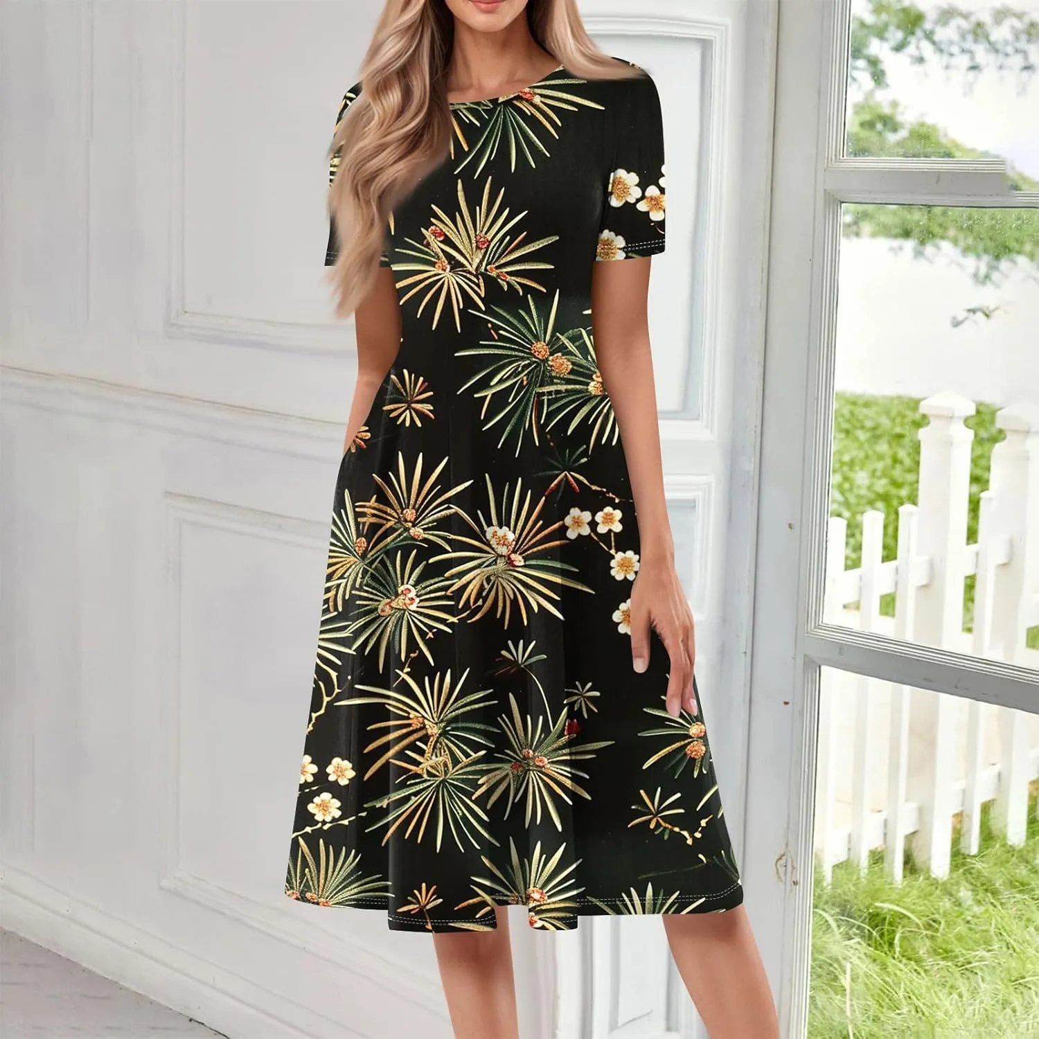 Summer Dresses for Women 2025 Flowy Midi Dresses Aline Beach Tshirt Dress Floral Short Sleeve Dress with Pockets