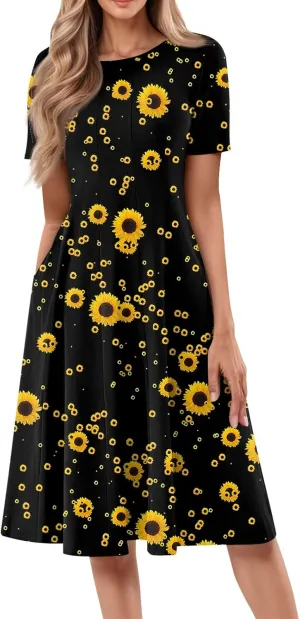 Summer Dresses for Women Flowy Floral Short Sleeve Dress Casual Beach Tshirt Dress Aline Midi Dresses with Pockets
