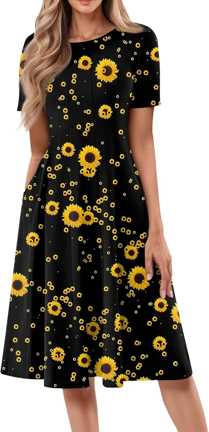 Summer Dresses for Women Flowy Floral Short Sleeve Dress Casual Beach Tshirt Dress Aline Midi Dresses with Pockets
