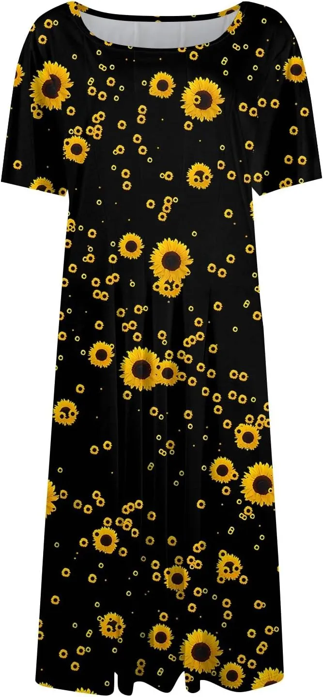 Summer Dresses for Women Flowy Floral Short Sleeve Dress Casual Beach Tshirt Dress Aline Midi Dresses with Pockets