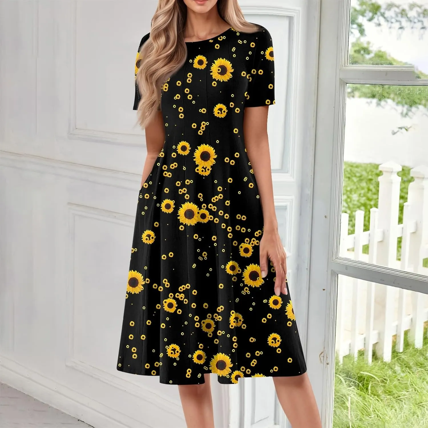 Summer Dresses for Women Flowy Floral Short Sleeve Dress Casual Beach Tshirt Dress Aline Midi Dresses with Pockets