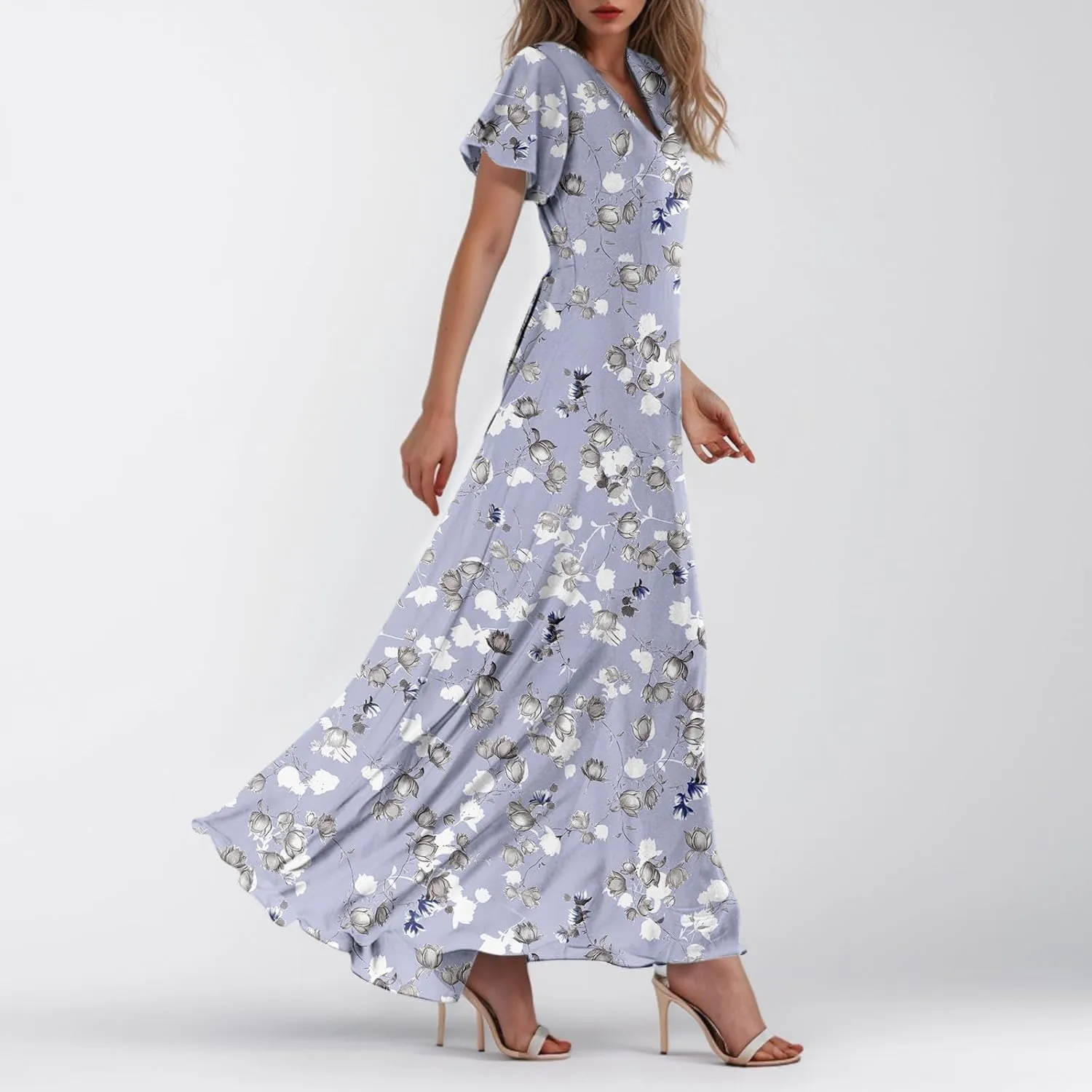 Summer Dresses for Women Highwaisted Flowy Maxi Dress Chiffon Ruffle Sleeve Boho Floral Dresses Western Wedding Dress