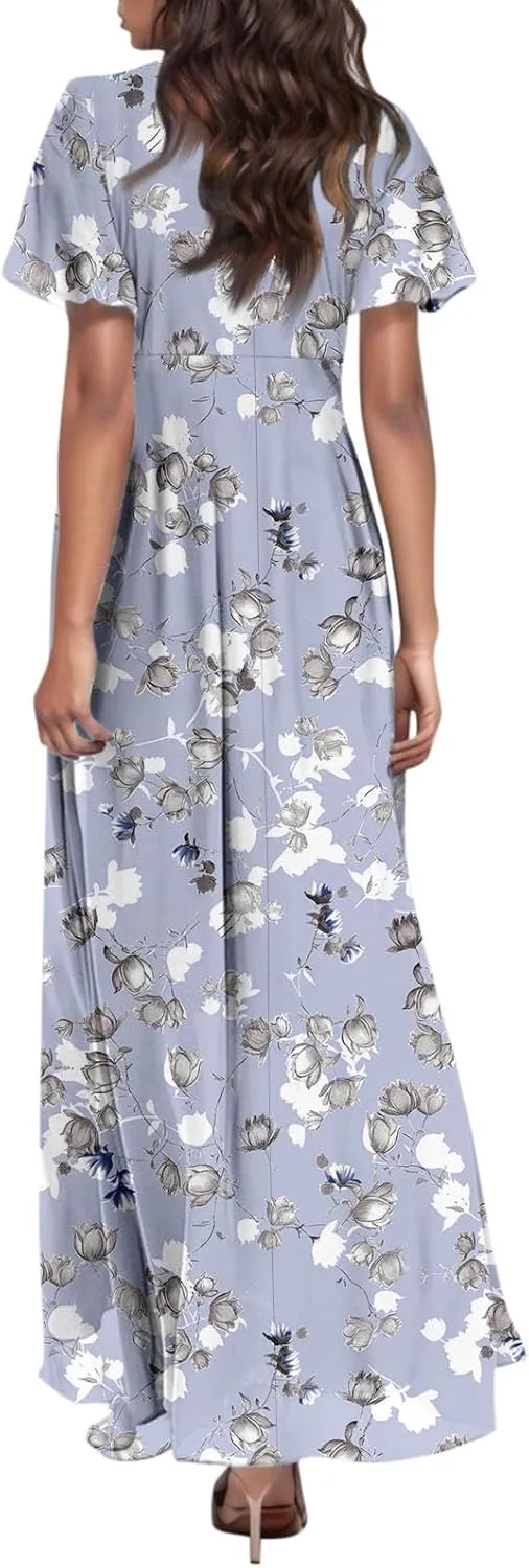Summer Dresses for Women Highwaisted Flowy Maxi Dress Chiffon Ruffle Sleeve Boho Floral Dresses Western Wedding Dress