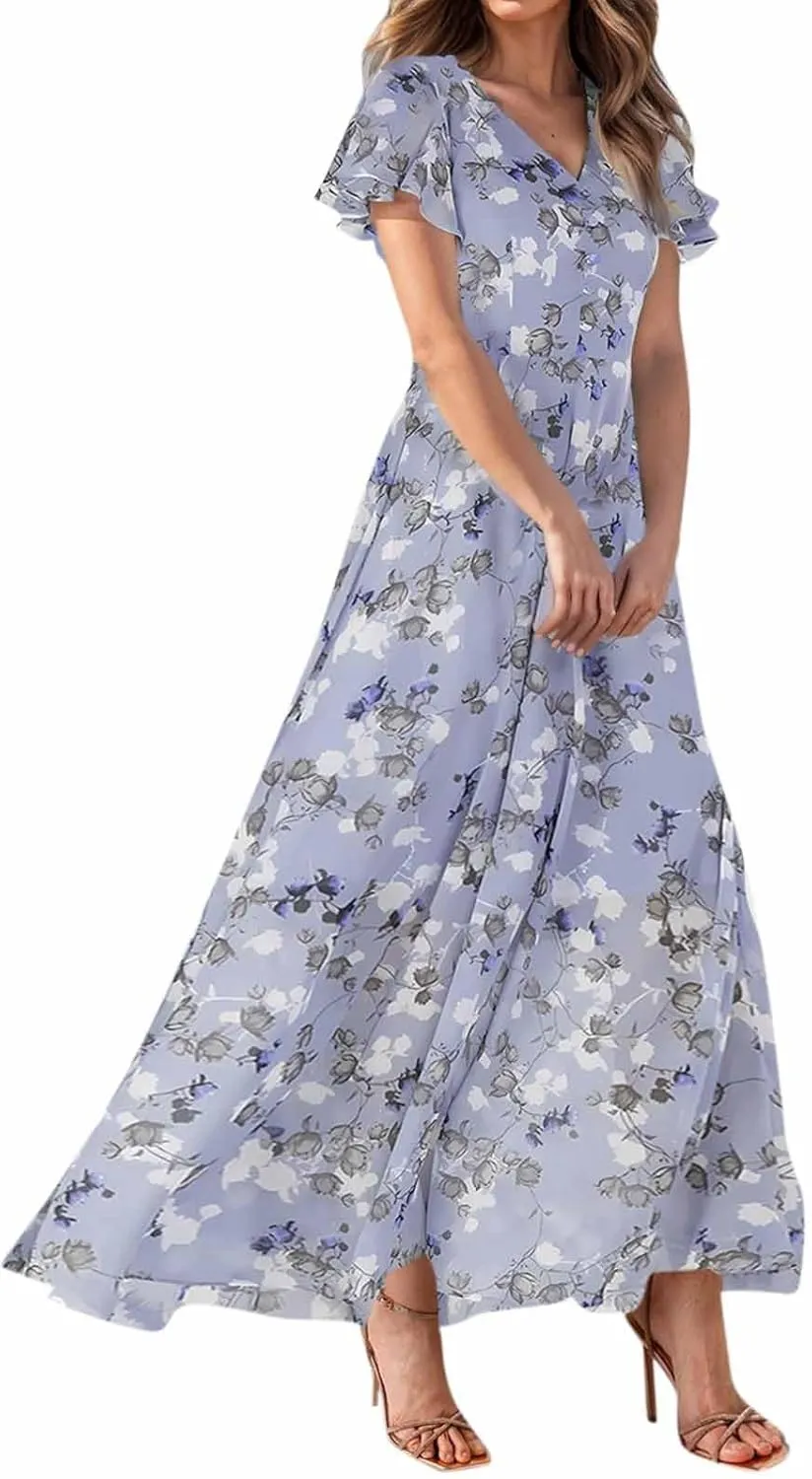 Summer Dresses for Women Highwaisted Flowy Maxi Dress Chiffon Ruffle Sleeve Boho Floral Dresses Western Wedding Dress