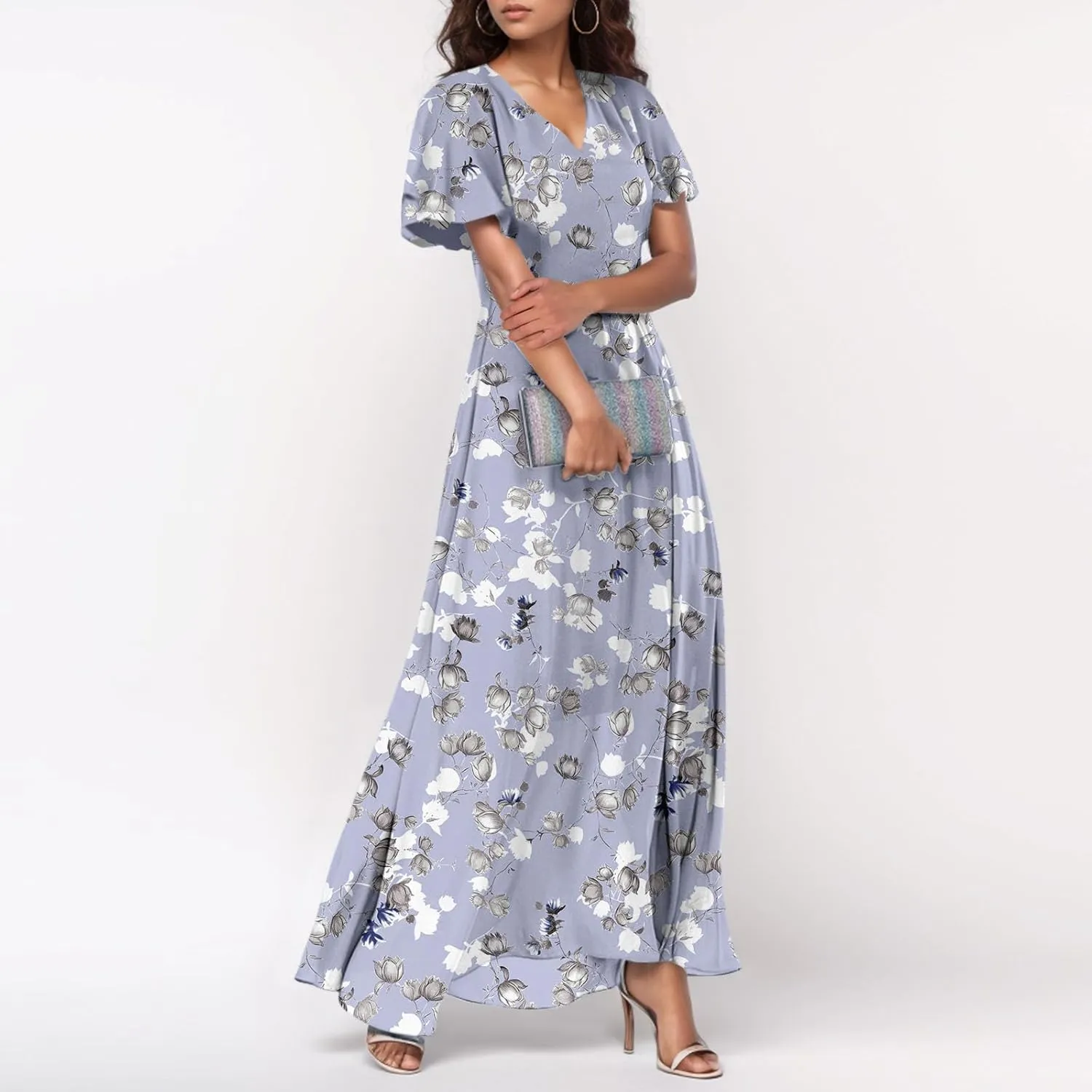 Summer Dresses for Women Highwaisted Flowy Maxi Dress Chiffon Ruffle Sleeve Boho Floral Dresses Western Wedding Dress