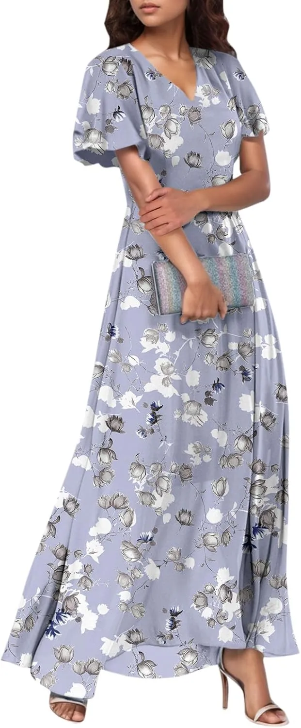 Summer Dresses for Women Highwaisted Flowy Maxi Dress Chiffon Ruffle Sleeve Boho Floral Dresses Western Wedding Dress