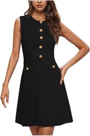 Summer Knit Mini Dress Women Button Casual Sleeveless Elegant Formal Work Dress Casual Slim Fit Bodycon Dresses