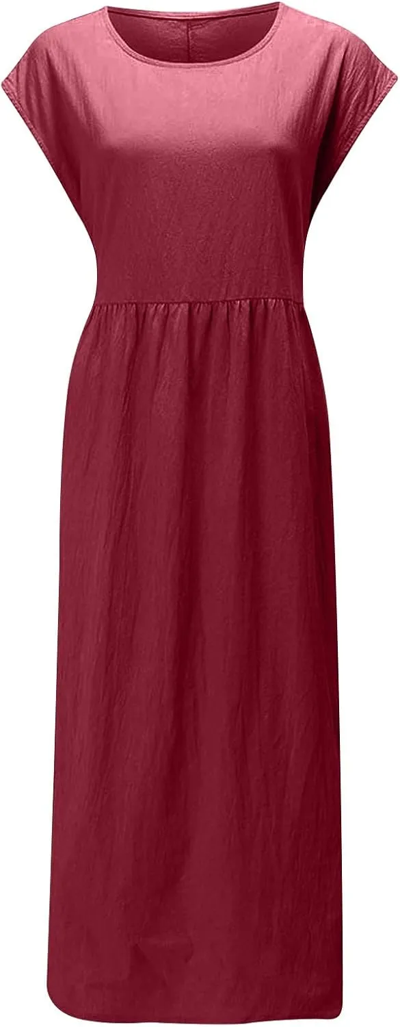 Summer Long Dresses for Women 2023 Casual Plus Size Cotton Linen Tshirt Dress Sleeveless Loose Baggy Kaftan Dress