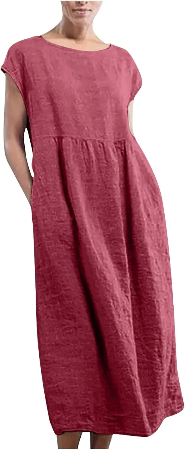 Summer Long Dresses for Women 2023 Casual Plus Size Cotton Linen Tshirt Dress Sleeveless Loose Baggy Kaftan Dress