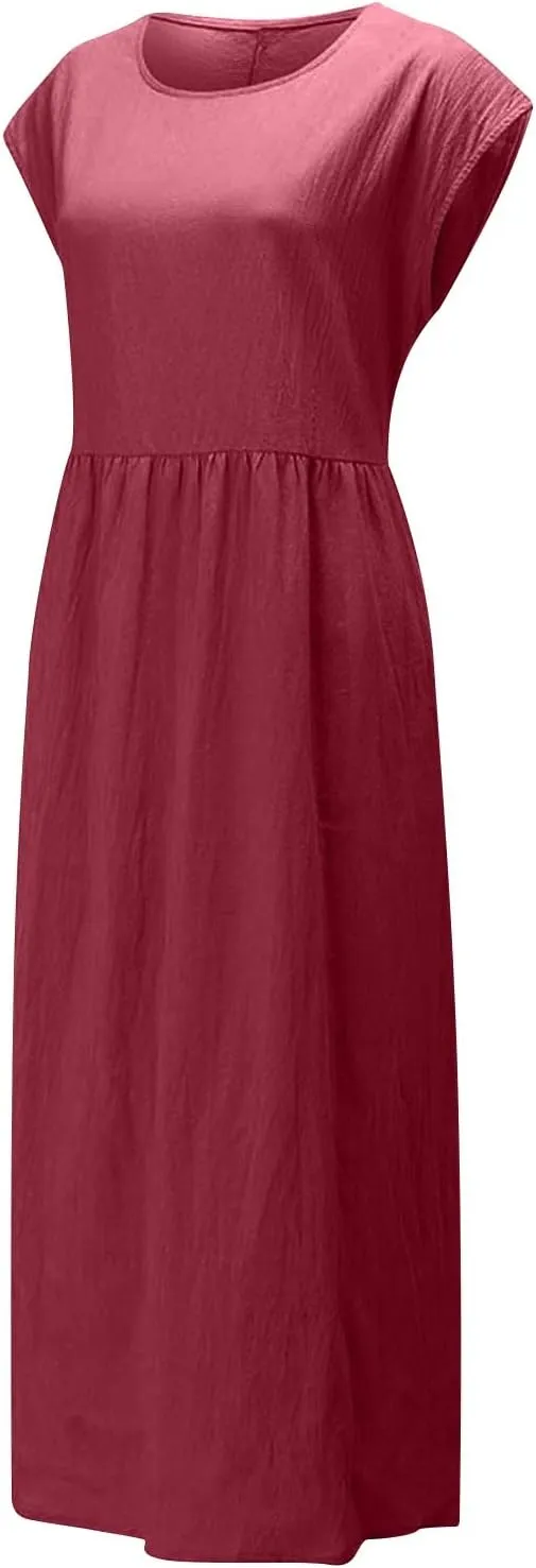 Summer Long Dresses for Women 2023 Casual Plus Size Cotton Linen Tshirt Dress Sleeveless Loose Baggy Kaftan Dress