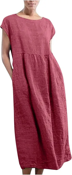 Summer Long Dresses for Women 2023 Casual Plus Size Cotton Linen Tshirt Dress Sleeveless Loose Baggy Kaftan Dress