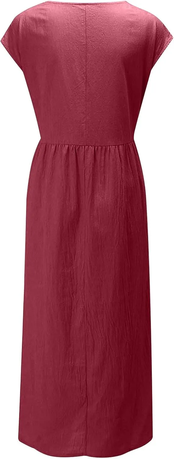 Summer Long Dresses for Women 2023 Casual Plus Size Cotton Linen Tshirt Dress Sleeveless Loose Baggy Kaftan Dress