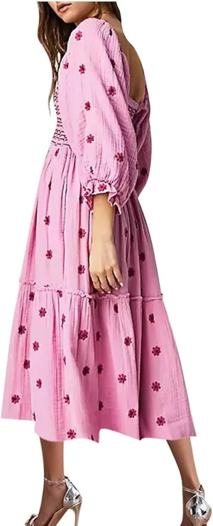Summer Midi Dresses for Women 2024 3/4 Sleeve Printed Sundresses Long Sleeve Square Neck Loose Fit Flowy Dresses
