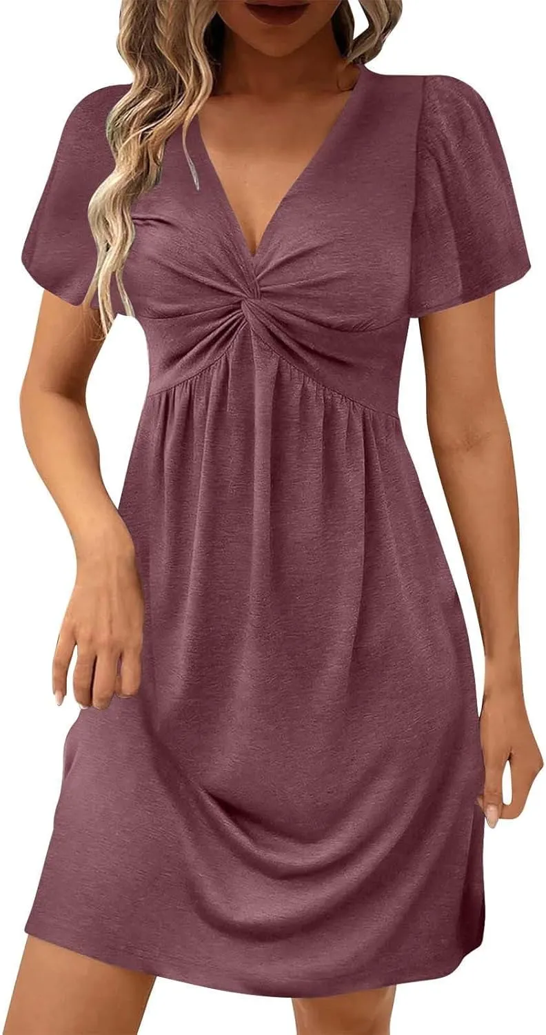 Summer Midi Dresses for Women Twist Front V Neck Short Sleeve Sundress Trendy Flowy Dress Boho Beach Vacation Outfits