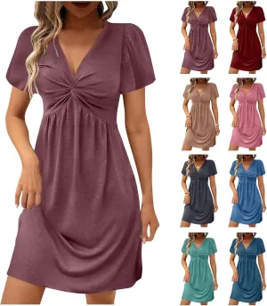 Summer Midi Dresses for Women Twist Front V Neck Short Sleeve Sundress Trendy Flowy Dress Boho Beach Vacation Outfits