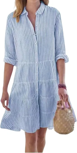 Summer Shirt Dress for Women Long Sleeve Button Down Dresses V Neck Tiered Collared Flowy Maxi Dress Beach Sundress