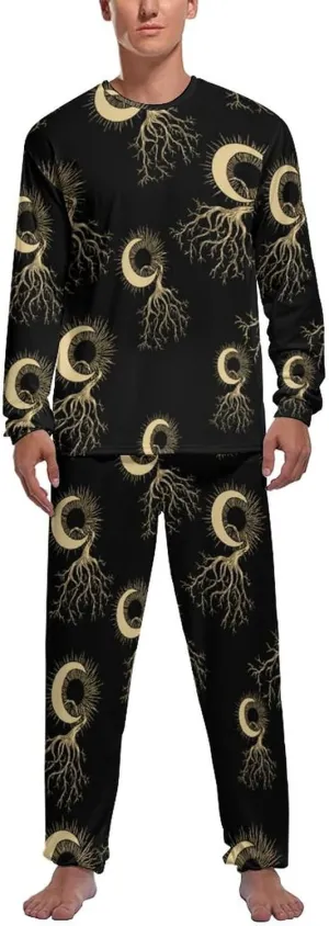 Sun And Moon Tree Mens Pajamas Set Crew Neck Long Sleeve Sleepwear Top & Pants 2 PCS Loungewear