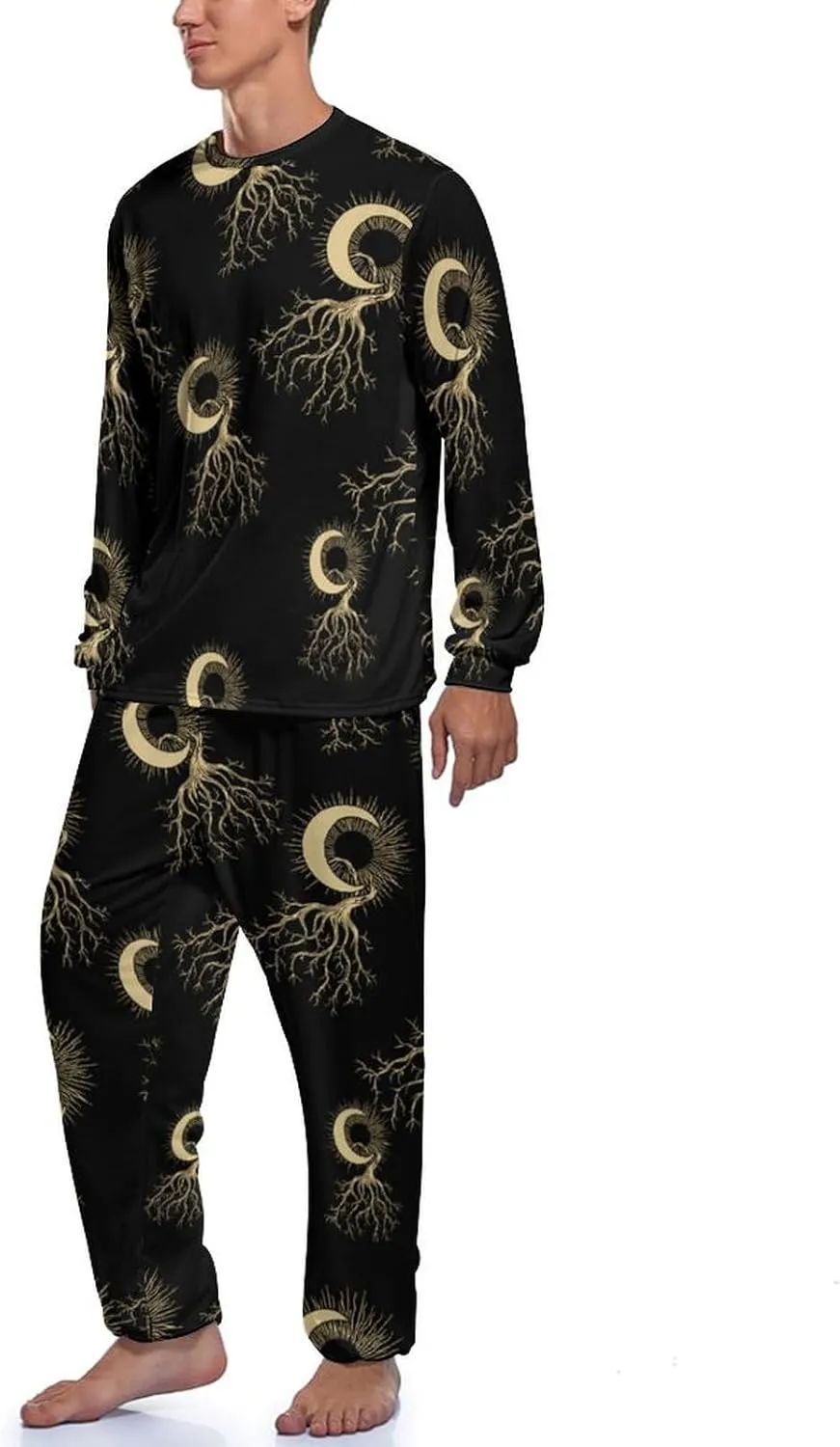 Sun And Moon Tree Mens Pajamas Set Crew Neck Long Sleeve Sleepwear Top & Pants 2 PCS Loungewear