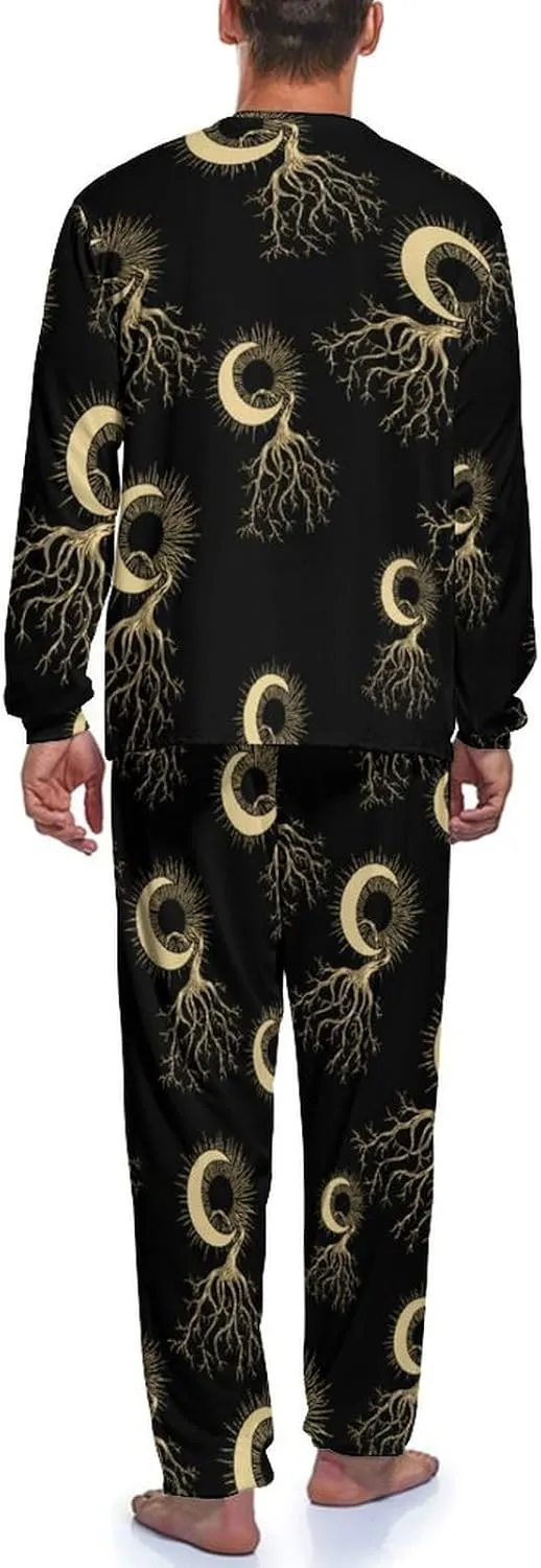 Sun And Moon Tree Mens Pajamas Set Crew Neck Long Sleeve Sleepwear Top & Pants 2 PCS Loungewear