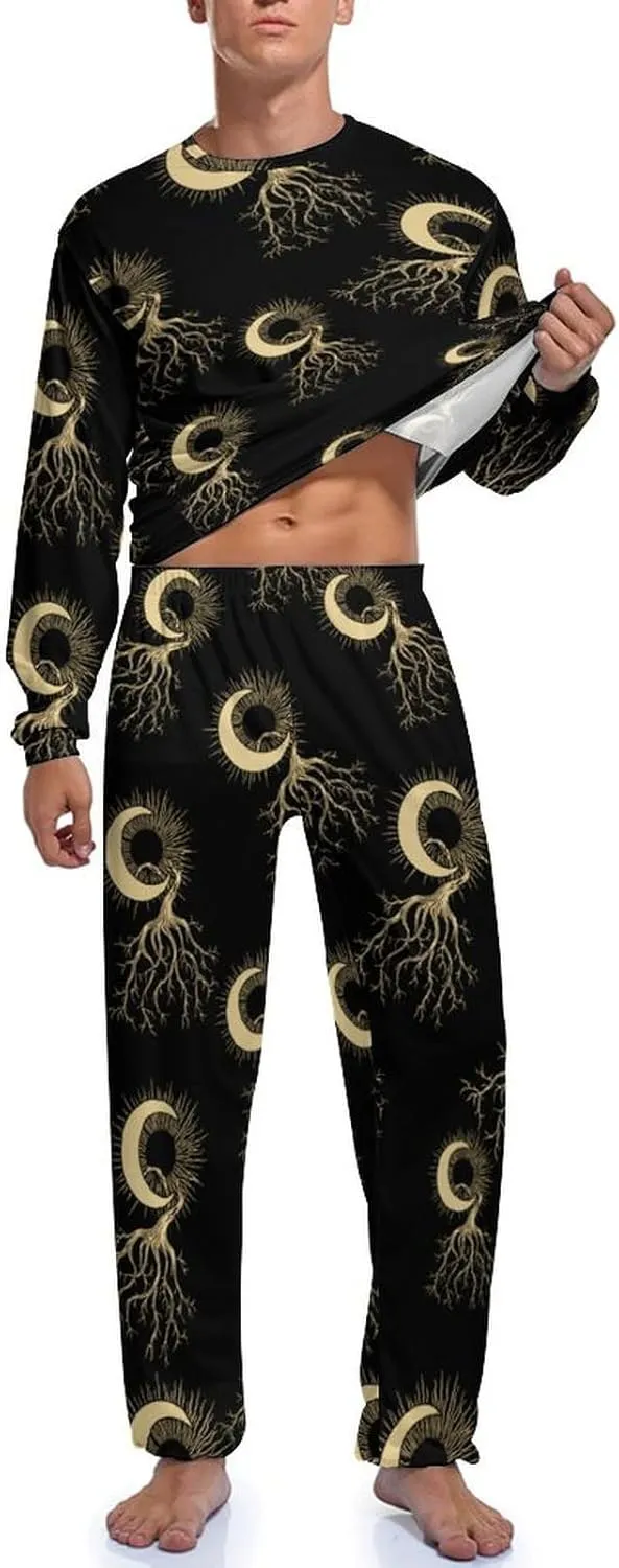 Sun And Moon Tree Mens Pajamas Set Crew Neck Long Sleeve Sleepwear Top & Pants 2 PCS Loungewear