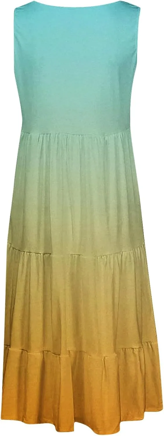 Sun Dresses for Women 2024 Vacation Plus Size Gradient Loose Fit Ruched Beach Dresses Tiered Knee Length Dresses