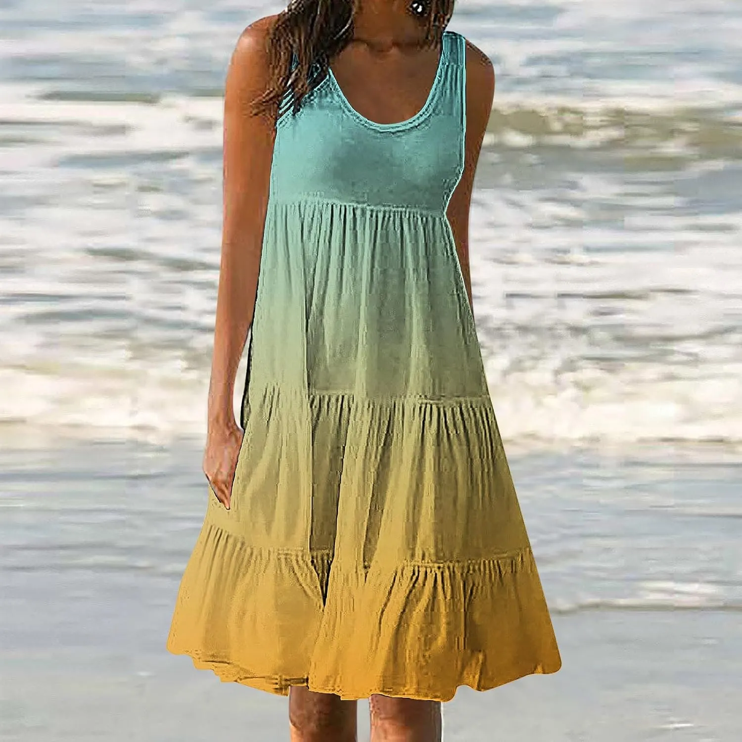 Sun Dresses for Women 2024 Vacation Plus Size Gradient Loose Fit Ruched Beach Dresses Tiered Knee Length Dresses