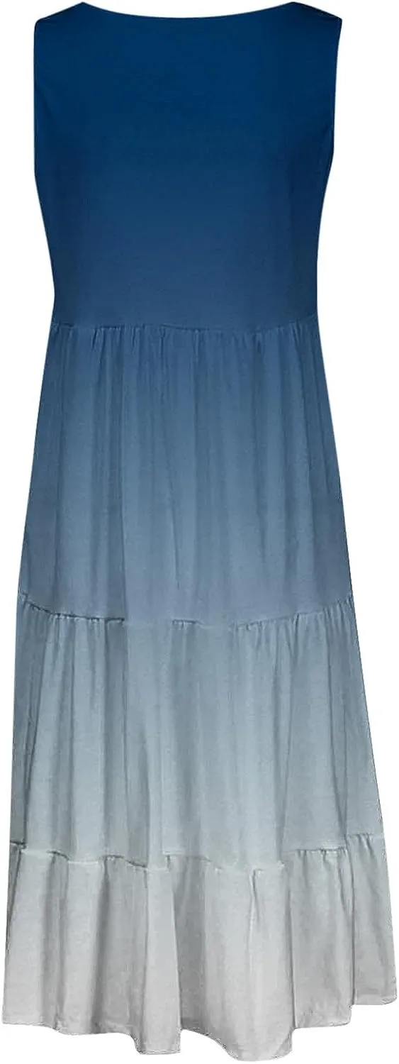 Sun Dresses for Women 2024 Vacation Plus Size Gradient Loose Fit Ruched Beach Dresses Tiered Knee Length Dresses