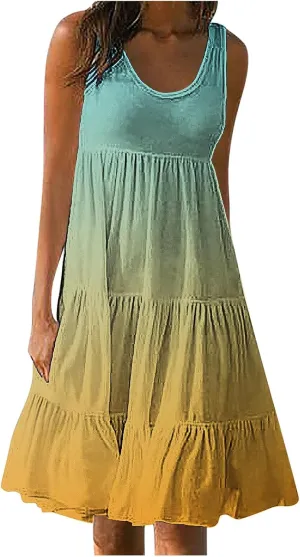 Sun Dresses for Women 2024 Vacation Plus Size Gradient Loose Fit Ruched Beach Dresses Tiered Knee Length Dresses