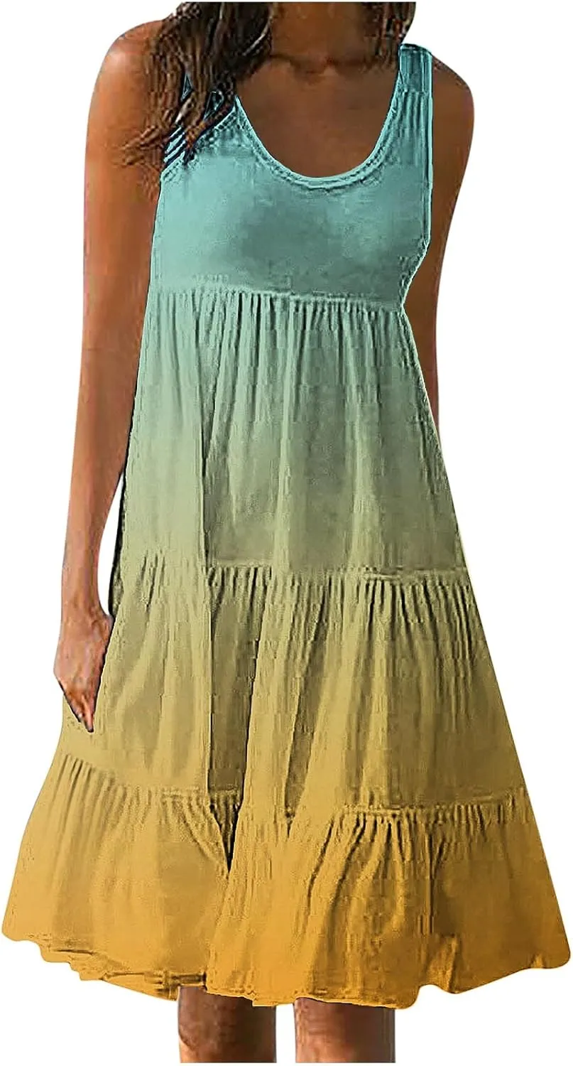 Sun Dresses for Women 2024 Vacation Plus Size Gradient Loose Fit Ruched Beach Dresses Tiered Knee Length Dresses