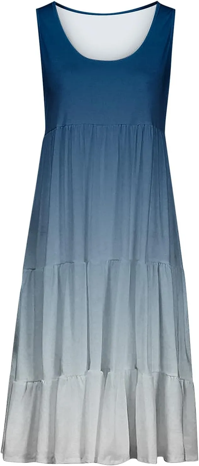 Sun Dresses for Women 2024 Vacation Plus Size Gradient Loose Fit Ruched Beach Dresses Tiered Knee Length Dresses