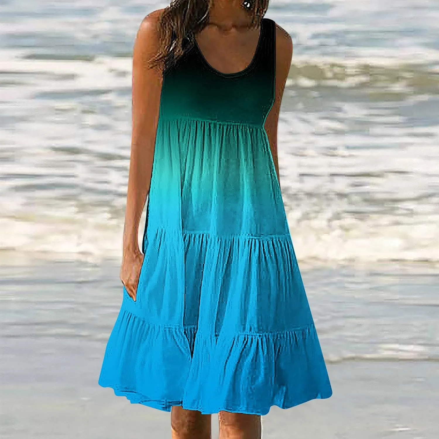 Sun Dresses for Women 2024 Vacation Plus Size Gradient Loose Fit Ruched Beach Dresses Tiered Knee Length Dresses