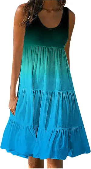 Sun Dresses for Women 2024 Vacation Plus Size Gradient Loose Fit Ruched Beach Dresses Tiered Knee Length Dresses