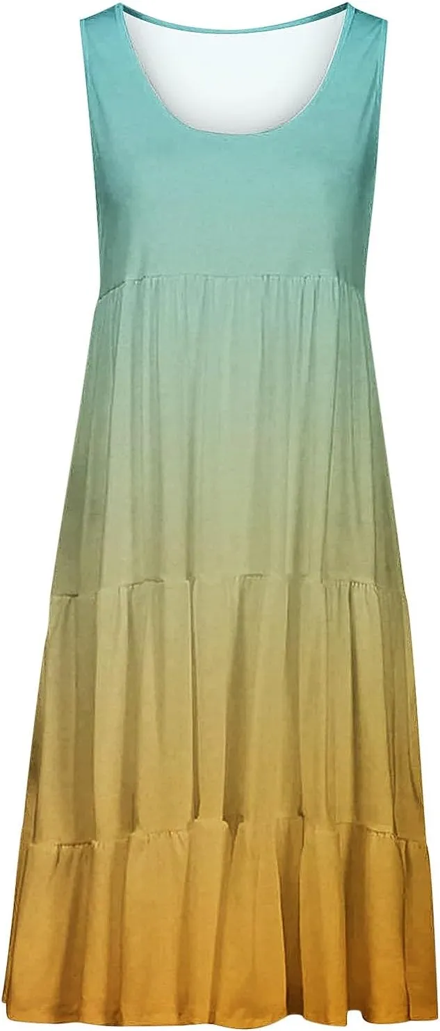 Sun Dresses for Women 2024 Vacation Plus Size Gradient Loose Fit Ruched Beach Dresses Tiered Knee Length Dresses