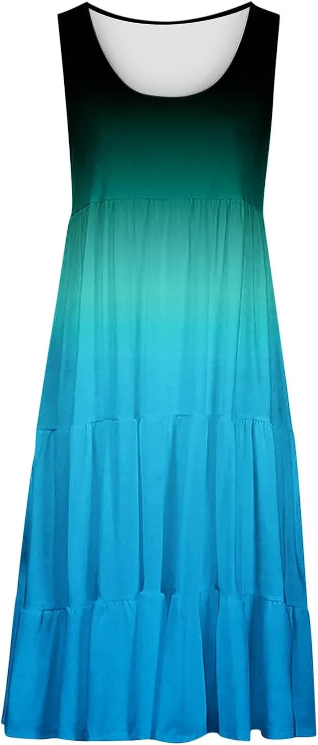 Sun Dresses for Women 2024 Vacation Plus Size Gradient Loose Fit Ruched Beach Dresses Tiered Knee Length Dresses