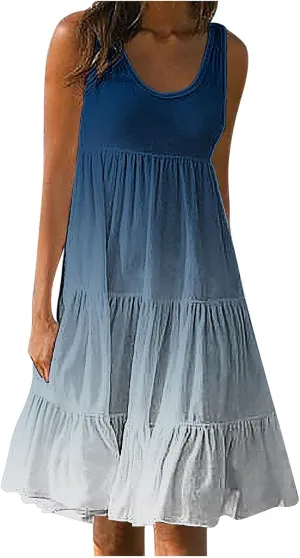 Sun Dresses for Women 2024 Vacation Plus Size Gradient Loose Fit Ruched Beach Dresses Tiered Knee Length Dresses