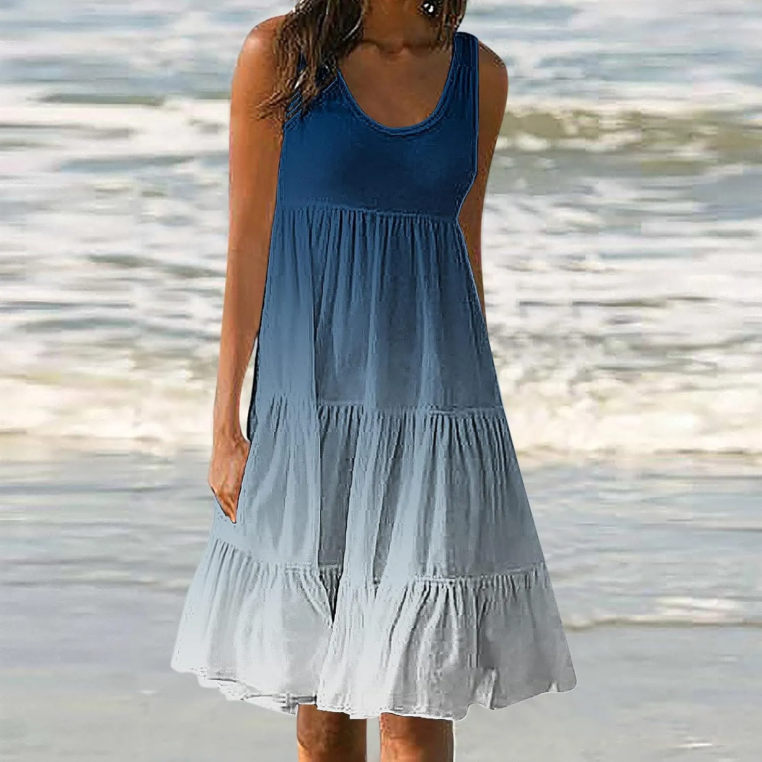 Sun Dresses for Women 2024 Vacation Plus Size Gradient Loose Fit Ruched Beach Dresses Tiered Knee Length Dresses