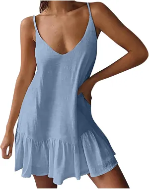Sundresses for Women 2024 Trendy v Neck Pleated Adjustable Spaghetti Strap Beach Dress Backless Sexy Short Dress