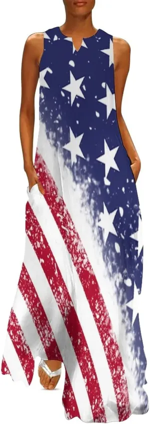 TAIZIYEAH Long Dress Elegant Casual Long Dress American Flag Girls Summer Sunshine Beach Skirts for Womens L