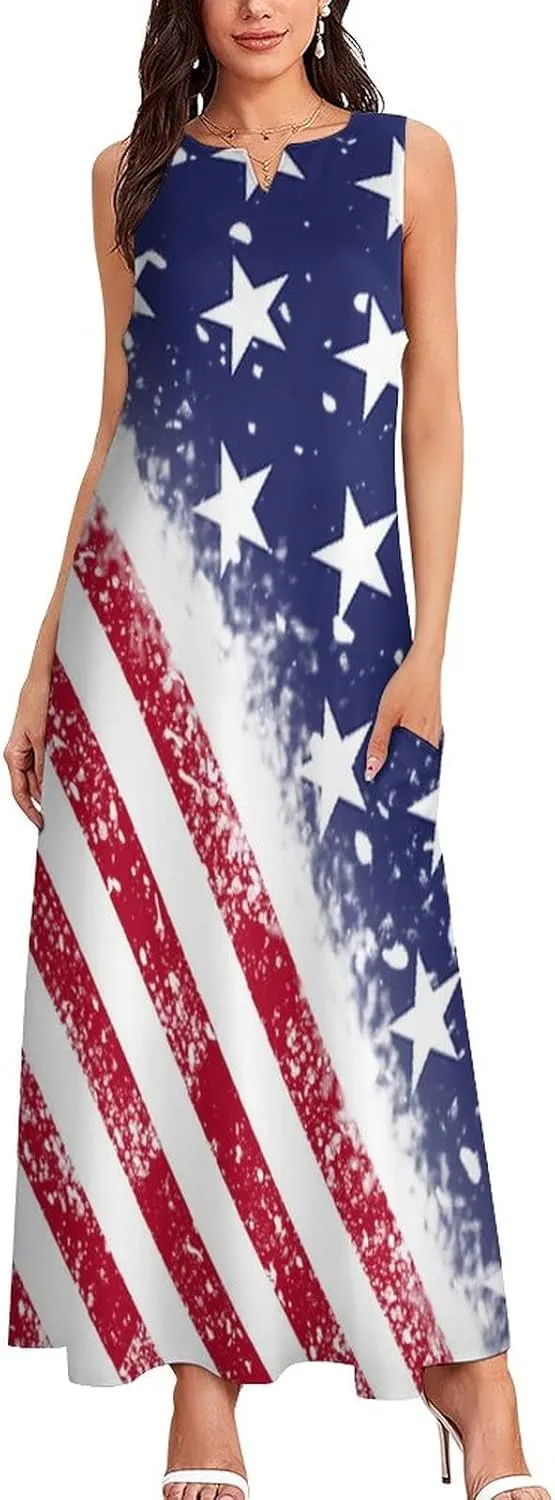 TAIZIYEAH Long Dress Elegant Casual Long Dress American Flag Girls Summer Sunshine Beach Skirts for Womens L