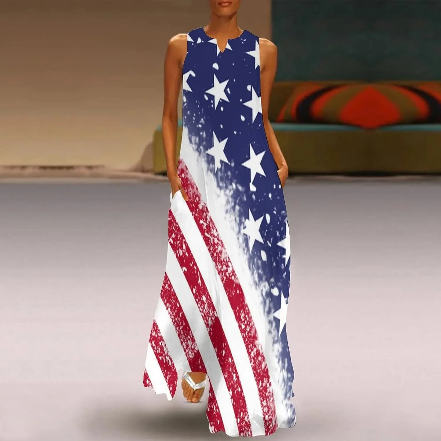 TAIZIYEAH Long Dress Elegant Casual Long Dress American Flag Girls Summer Sunshine Beach Skirts for Womens L