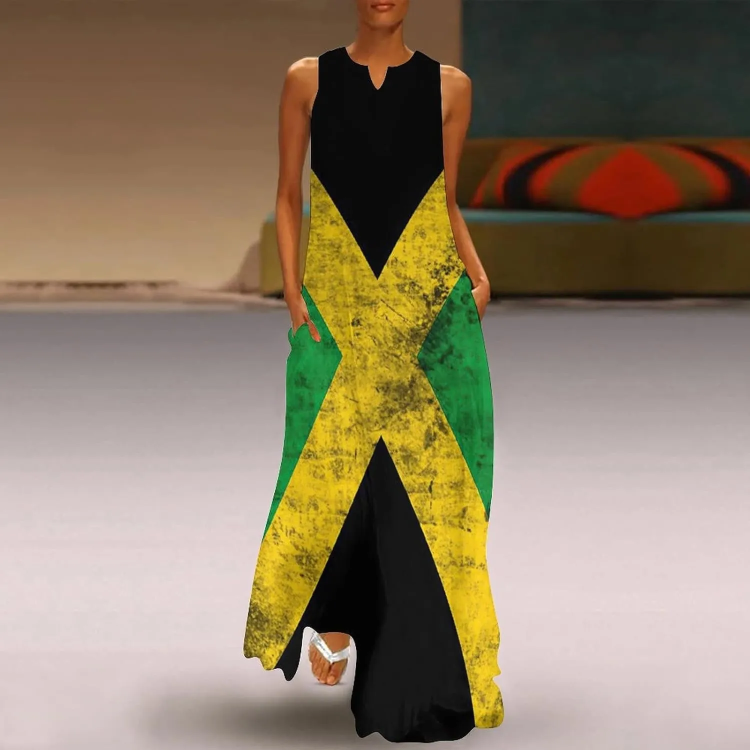 TAIZIYEAH Long Dress Elegant Casual Long Dress Jamaica Flag Girls Summer Sunshine Beach Skirts for Womens L